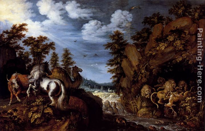 Roelandt Jacobsz Savery A Rocky Landscape With A Stallion, Bull And Camel Overlooking A Lion's Den